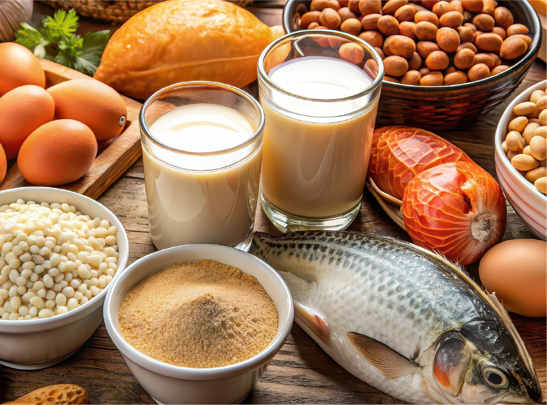 Assorted common food allergens including milk, eggs, nuts, soybeans, and cheese - used to promote allergy testing services